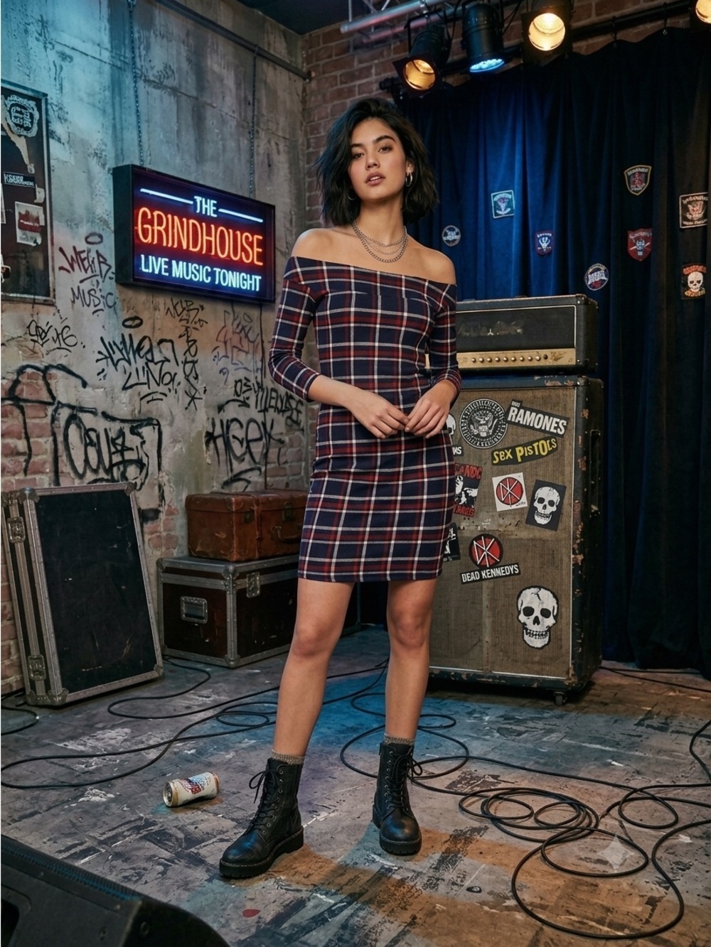Vintage Y2K Off The Shoulder Plaid Bodycon Sexy Mini Dress Black White Blue Red